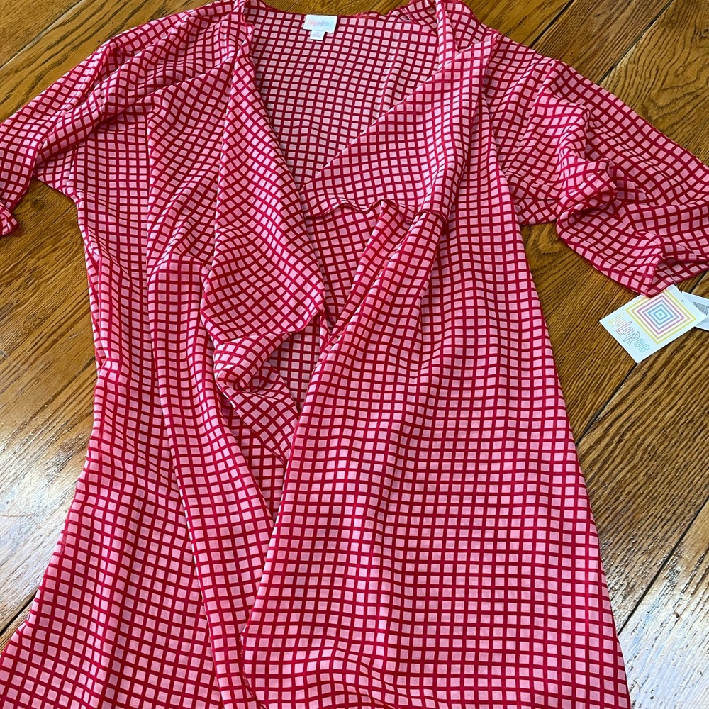 LulaRoe Shirley kimono style cover up.  Size Medium.  Pink with red check.